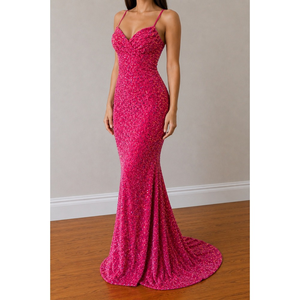 Pink Velvet Sequin Mermaid Evening Gown Medium Empire Waist Formal Dress Train